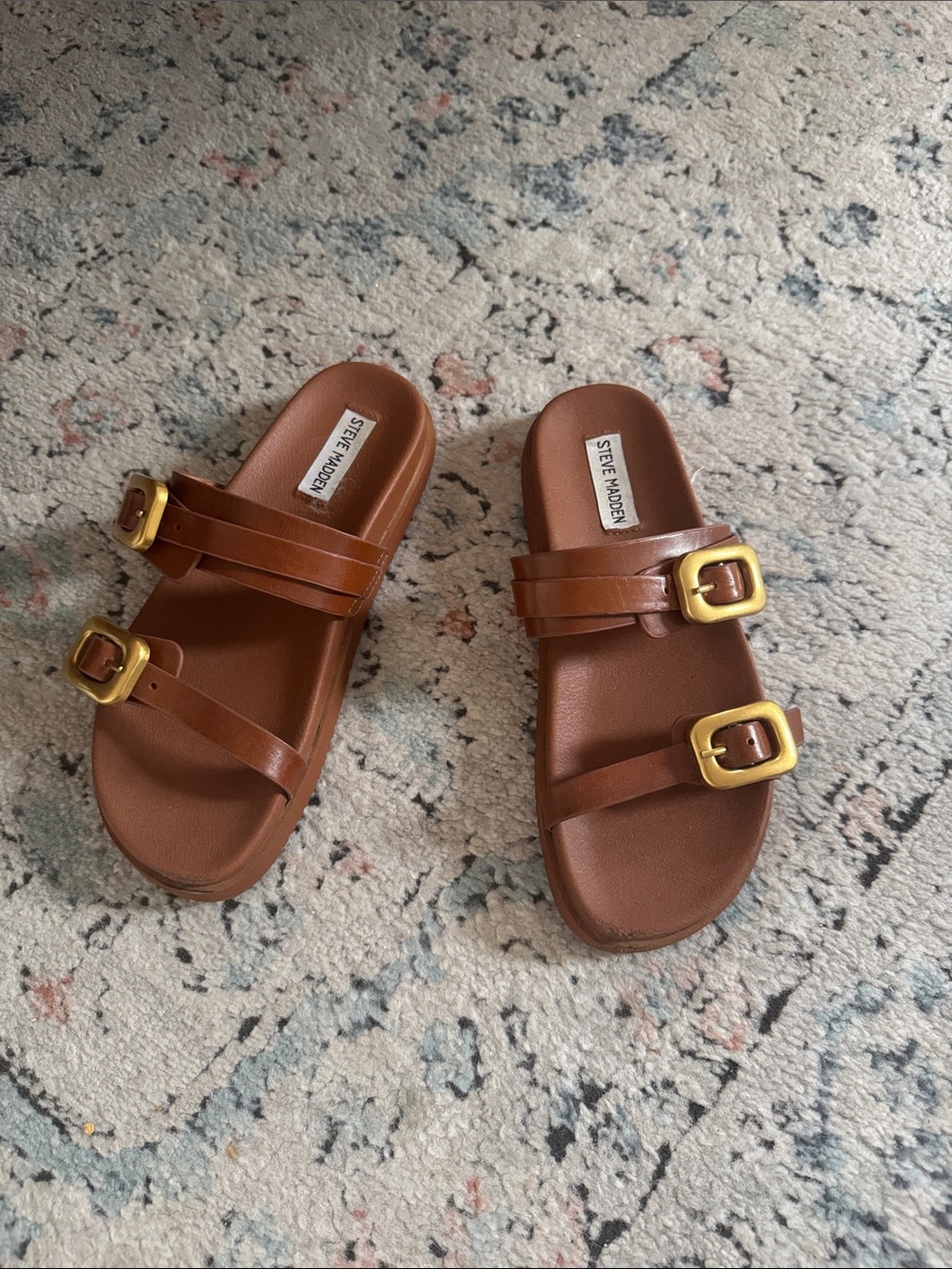 Steve Madden Brown Leather Double-Buckle Slide Sandals
